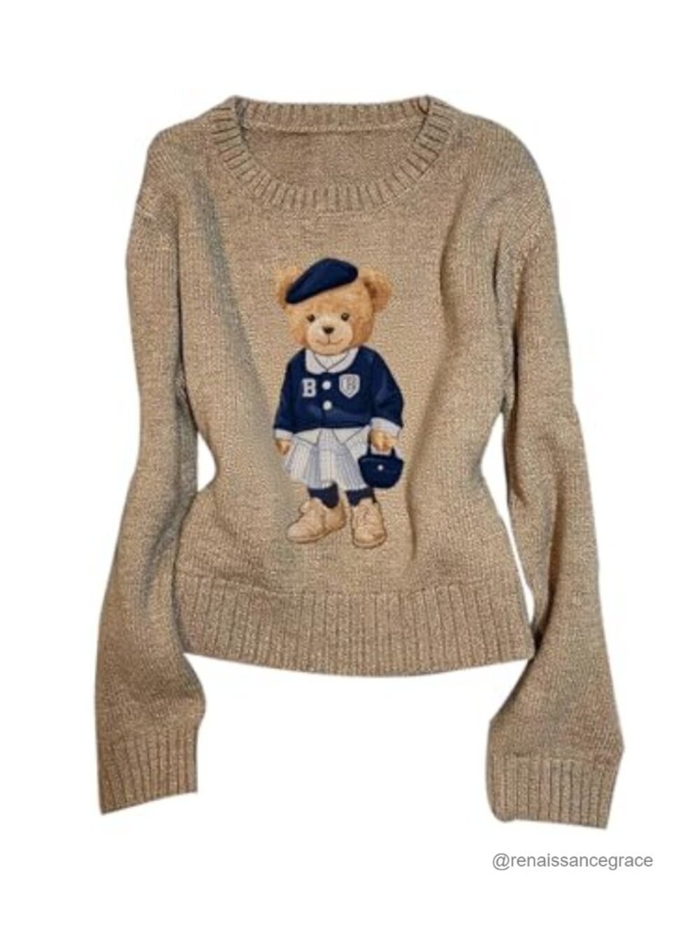 Cute Bear Print Knit Pullover Sweater Drop Shoulder Crew Neck